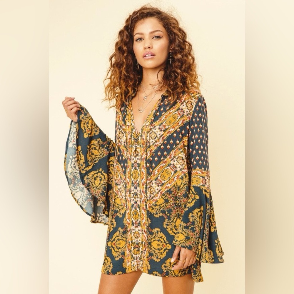 Free People Paisley Print Tunic - Blue and Gold